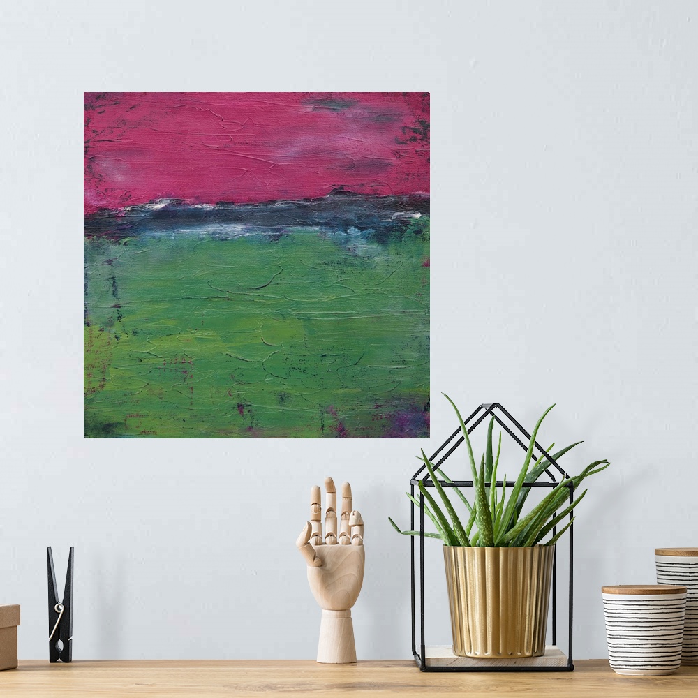 A bohemian room featuring Contemporary abstract painting in green and fuchsia.