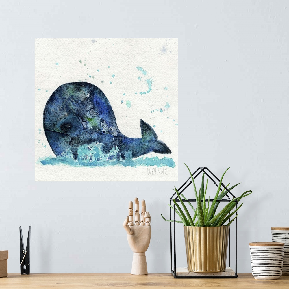A bohemian room featuring A large blue whale splashing in the water.