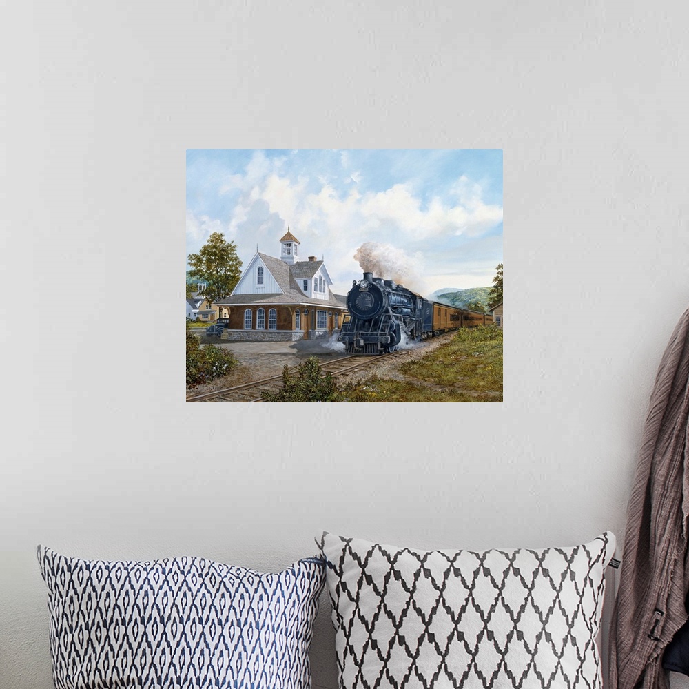 A bohemian room featuring Painting of a train pulling into the station in a rural area.