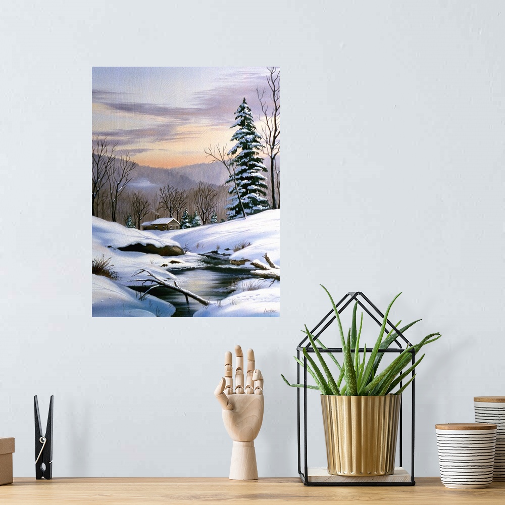 A bohemian room featuring Contemporary painting of a cabin in the woods by a stream after a heavy snowfall.