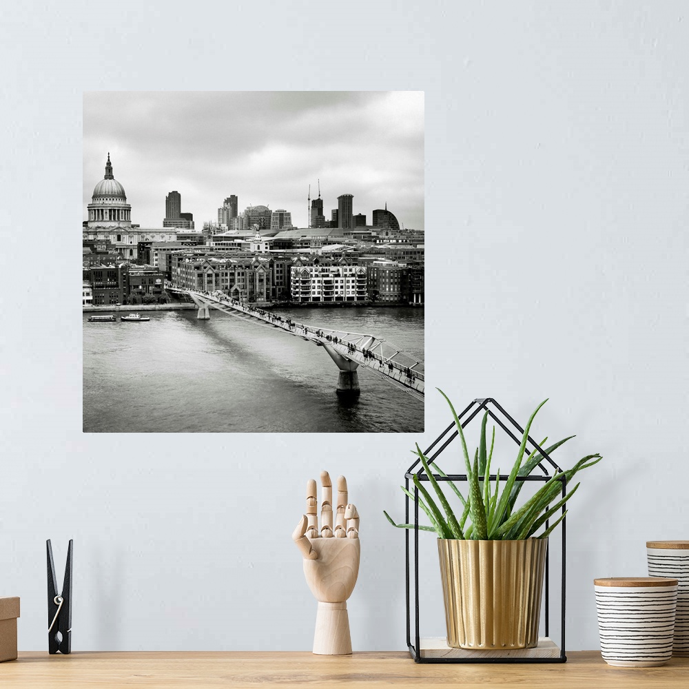 A bohemian room featuring London Millenium Bridge, black and white photography