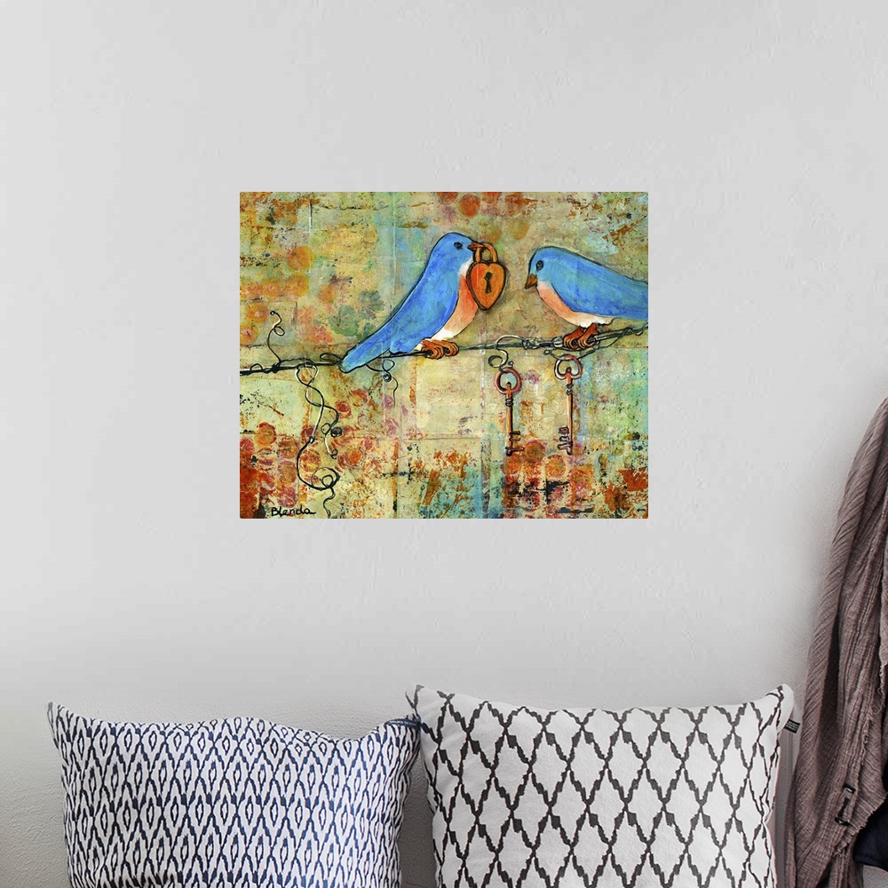 A bohemian room featuring Lighthearted contemporary painting of two bluebirds with one of them holding a love lock, against...