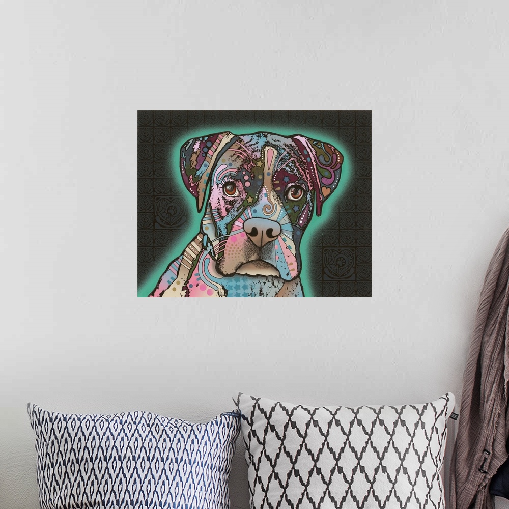 A bohemian room featuring Colorful illustration of a Boxer with a teal spray painted outline on a dark detailed background.
