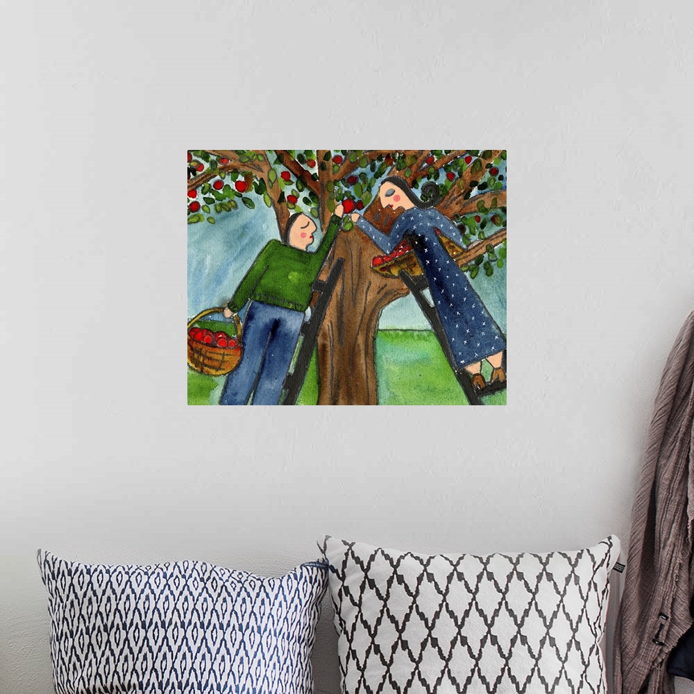 A bohemian room featuring A couple in love picking apples from an apple tree.