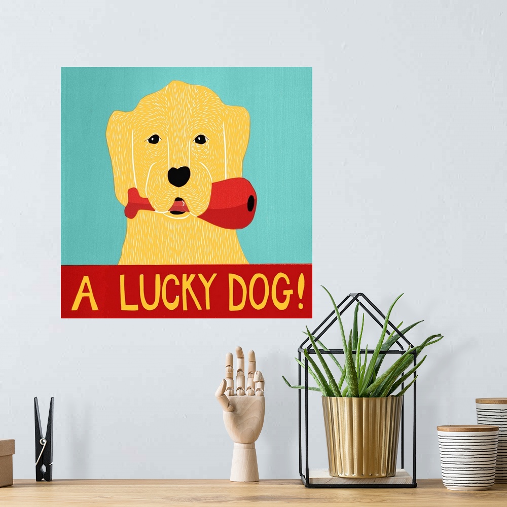 A bohemian room featuring Illustration of a yellow lab with a chicken leg in its mouth with the phrase "A Lucky Dog!" writt...