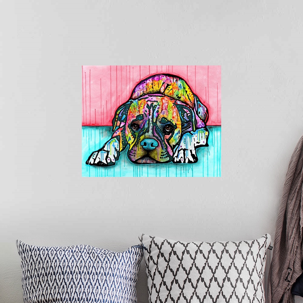 A bohemian room featuring Colorful painting of a boxer lying down on the ground with a sad look on ts face and paint drips ...