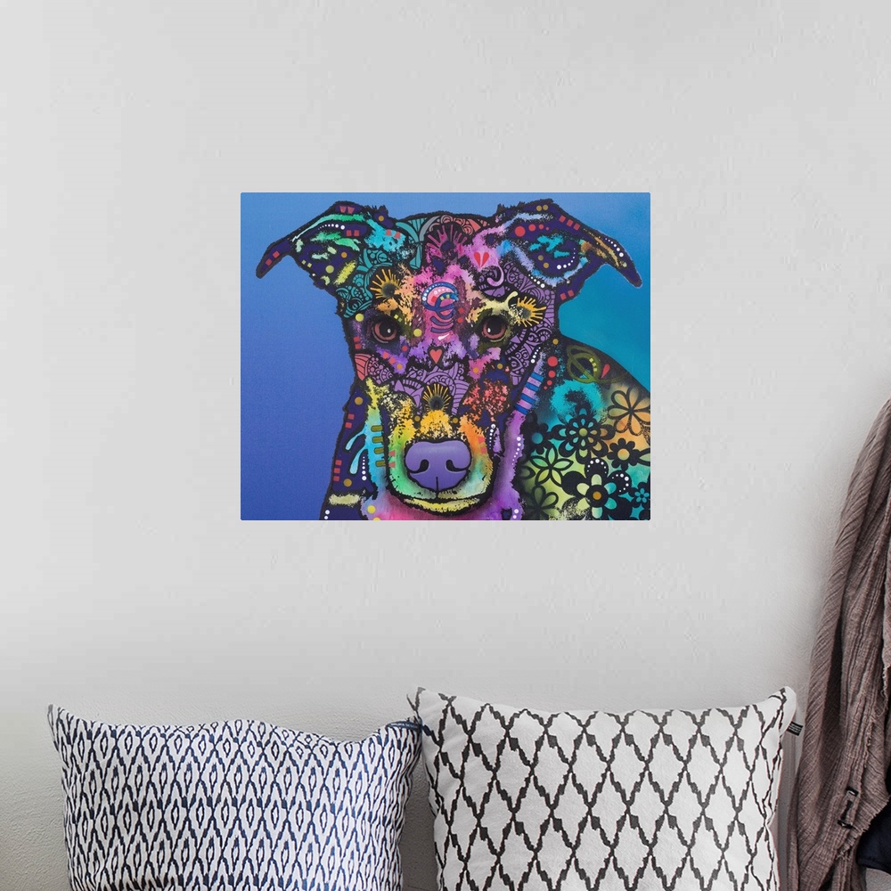 A bohemian room featuring Colorful painting of a collie-retriever mix with abstract designs on a blue background.