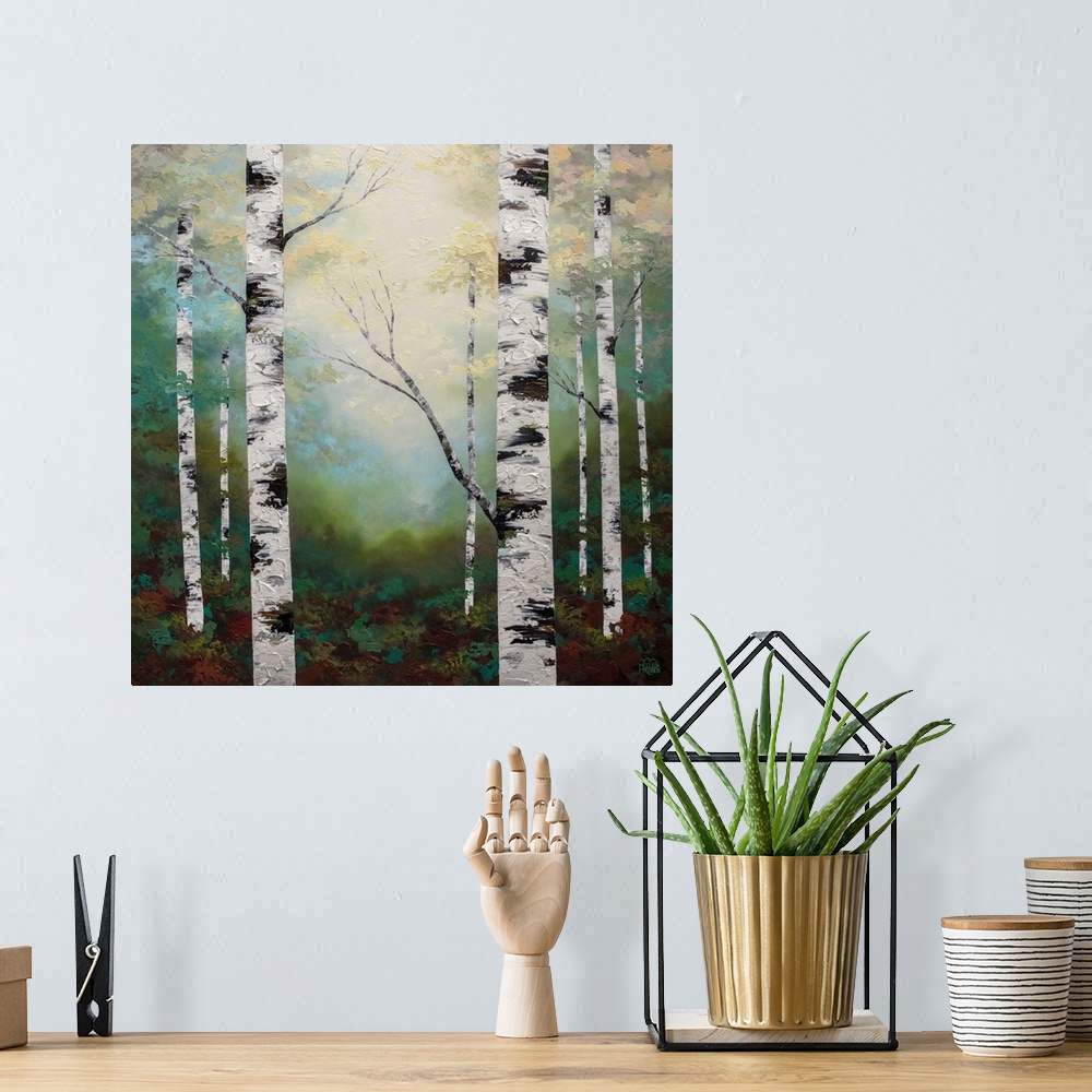 A bohemian room featuring Ethereal forest landscape painting of birch trees and aspen trees in sunlight Giclee art print on...