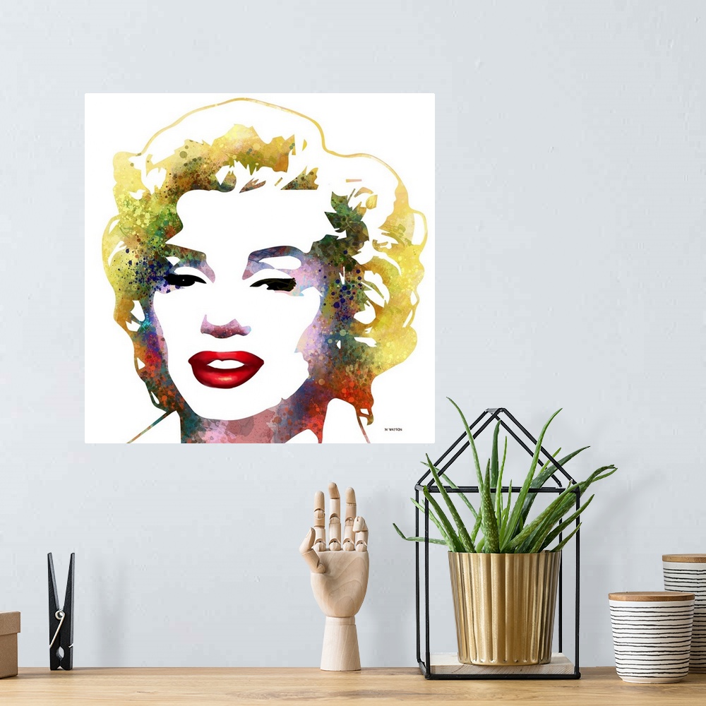 A bohemian room featuring Contemporary colorful portrait of Marliyn Monroe.