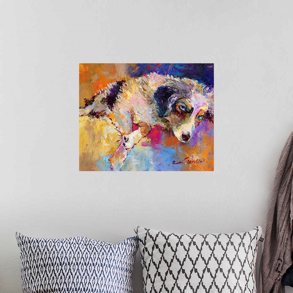 A bohemian room featuring Colorful abstract painting of a dog laying down.