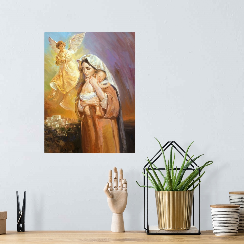 A bohemian room featuring Mary, holding Jesus to her breast.  An angel is seen watching over them.