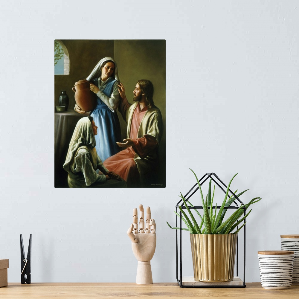A bohemian room featuring Jesus talking with Mary and Martha.