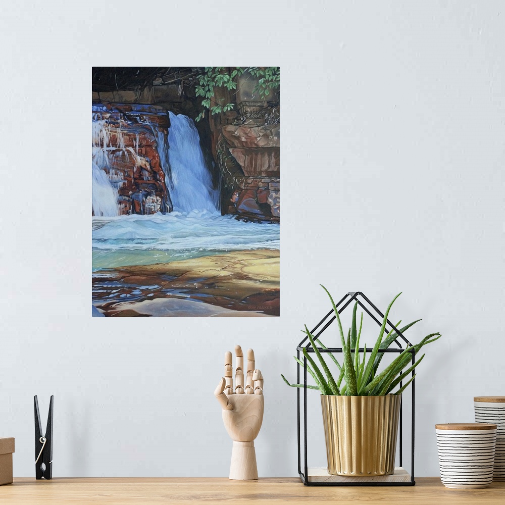 A bohemian room featuring Contemporary painting of a small waterfall pouring from rocks in a forest.