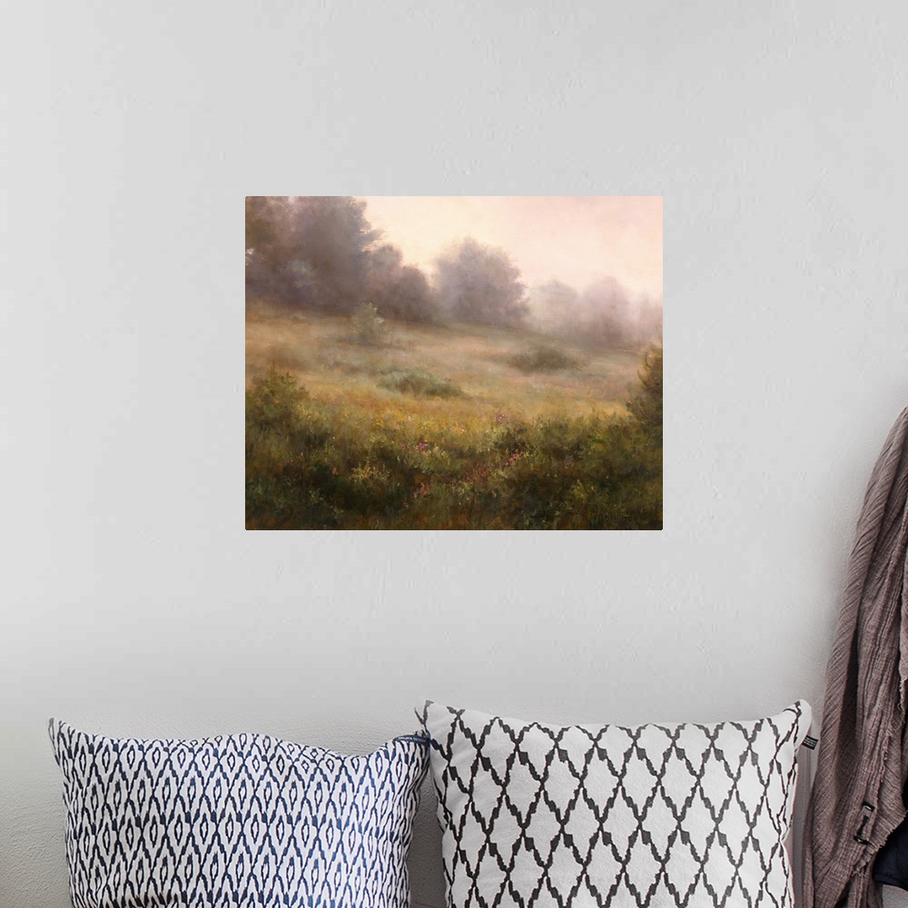 A bohemian room featuring Contemporary painting of an idyllic countryside shrouded in a light haze.