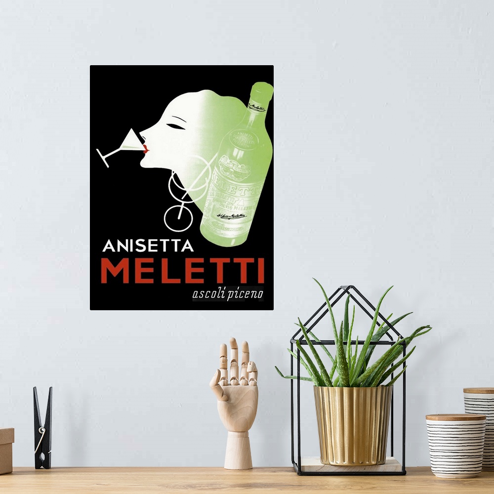 A bohemian room featuring Vintage poster advertisement for Meletti Anisette.