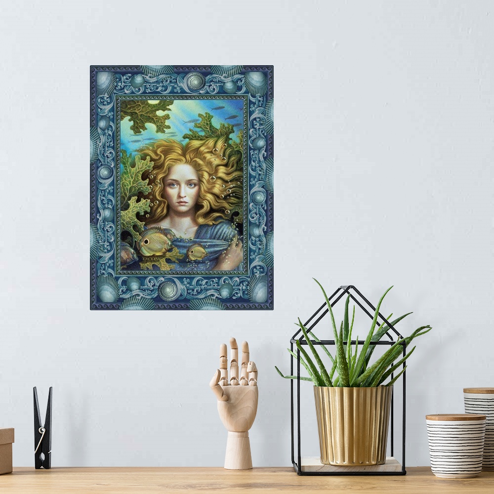 A bohemian room featuring Portrait of a mermaid underwater.