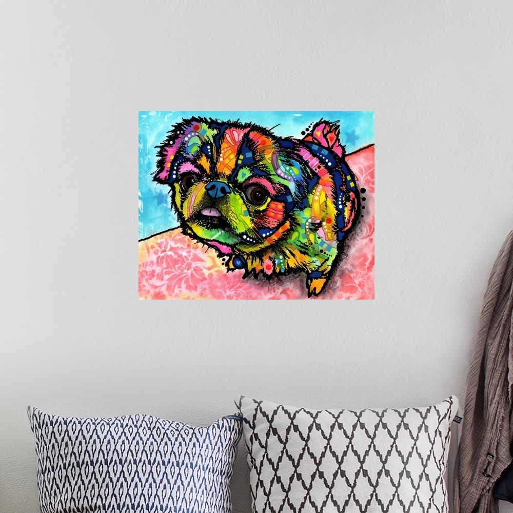 A bohemian room featuring Contemporary stencil painting of a pekingese puppy filled with various colors and patterns.