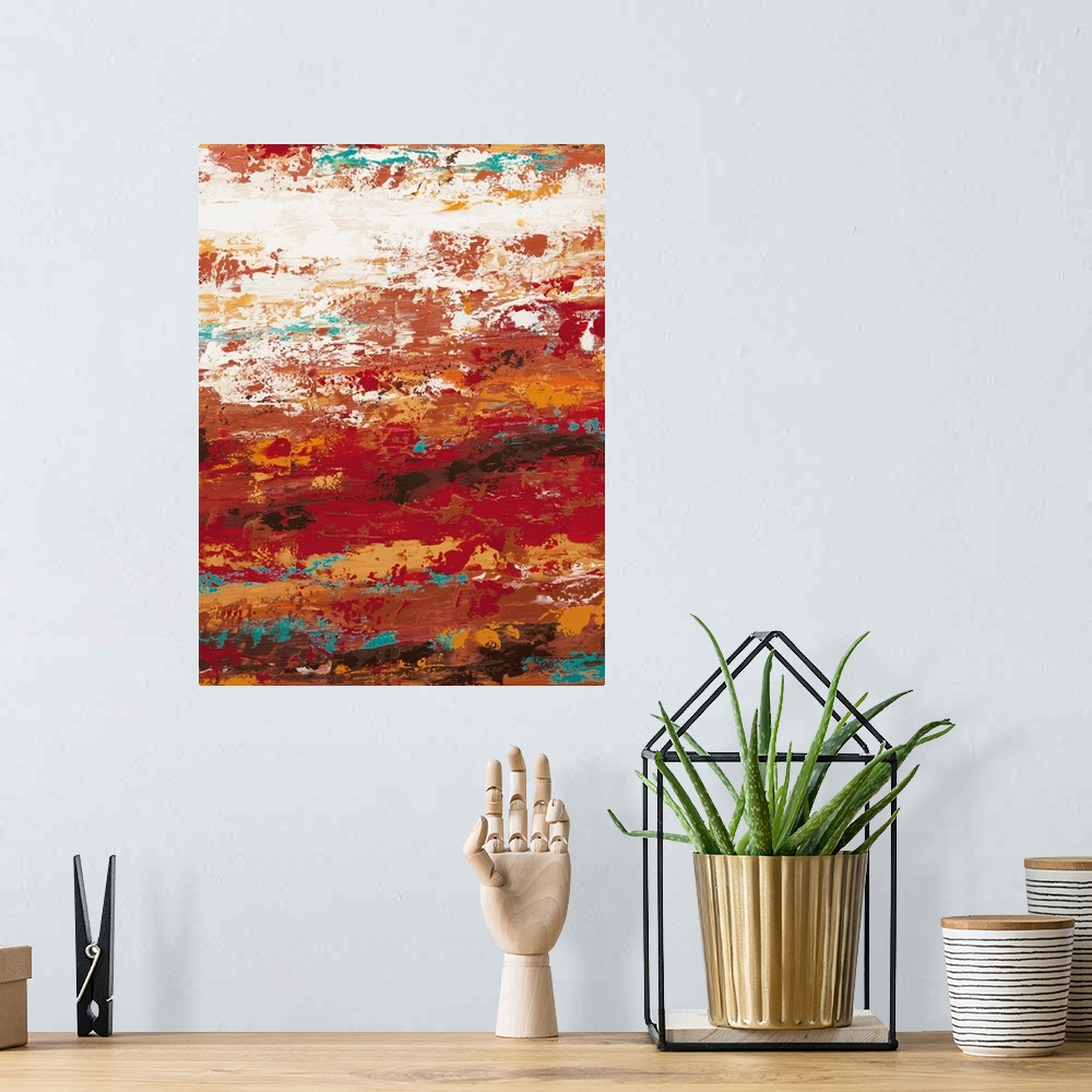 A bohemian room featuring A contemporary abstract painting using wild vibrant colors and weathered and worn textures.