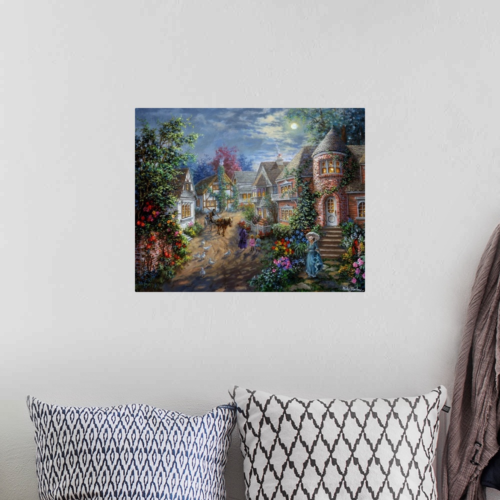 A bohemian room featuring Painting of village scene featuring houses with glowing windows. Product is a painting reproducti...