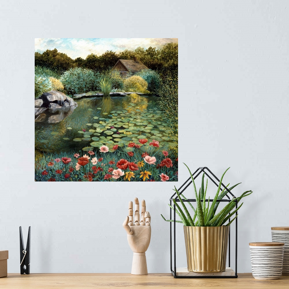 A bohemian room featuring Contemporary artwork of a pond full of lily pads in the morning.