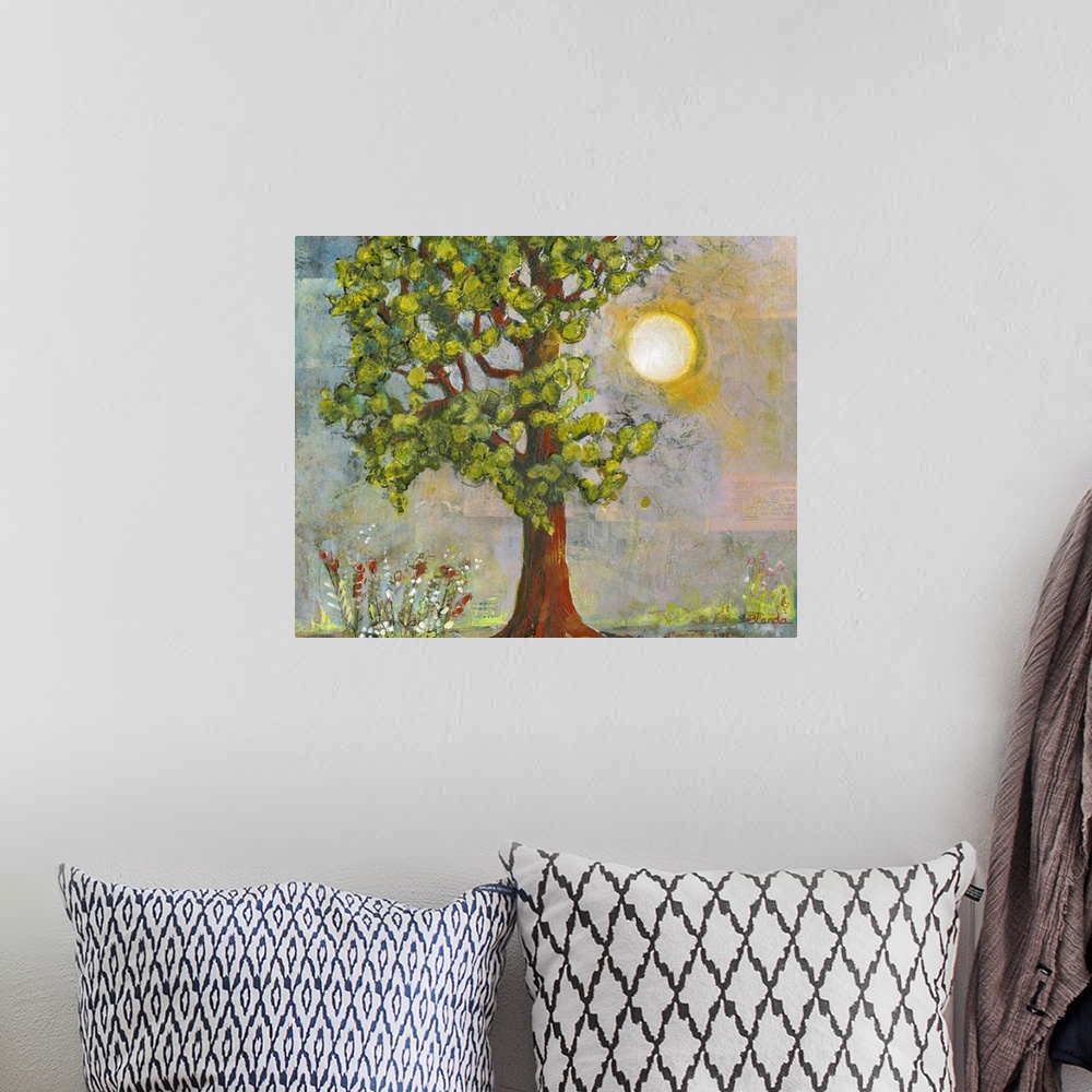A bohemian room featuring Lighthearted contemporary painting of a tree with a rising sun behind it.