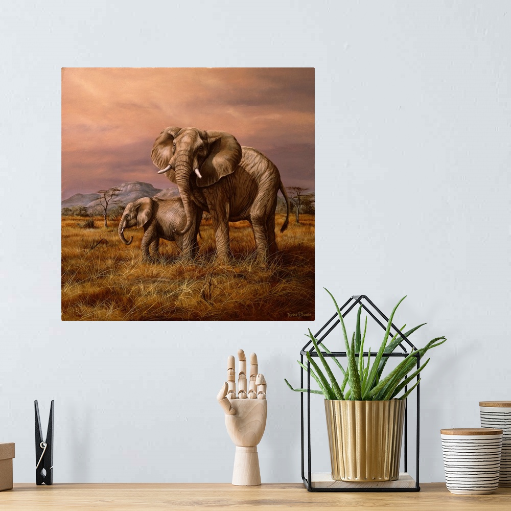 A bohemian room featuring Mother and Child (Elephants)