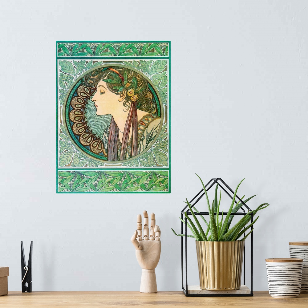 A bohemian room featuring Art Nouveau Illustration of a Woman Vintage Poster Artist