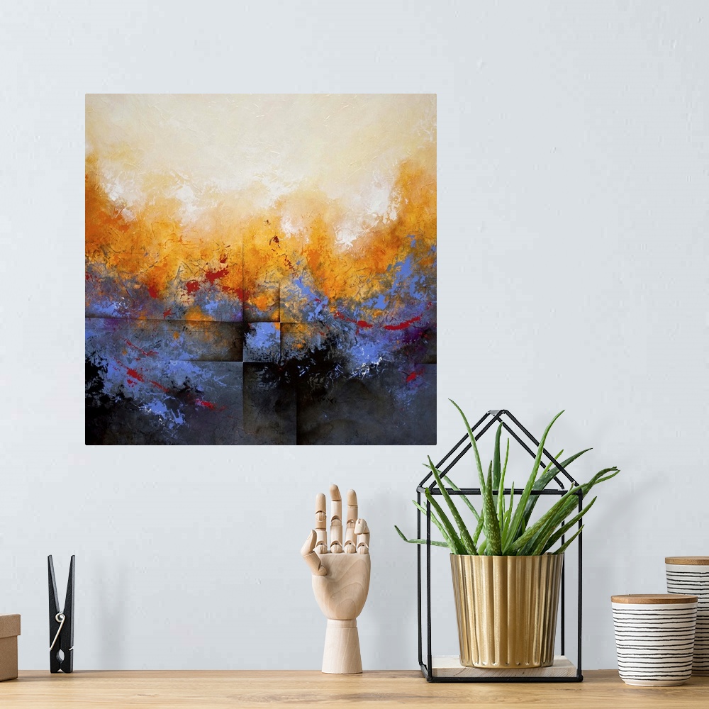 A bohemian room featuring Square contemporary abstract painting in in blue, yellow, and tan.