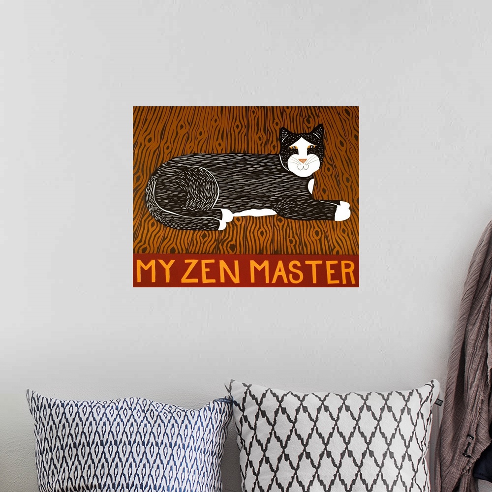 A bohemian room featuring Illustration of a black and white cat laying on hardwood floors with the phrase "My Zen Master" w...