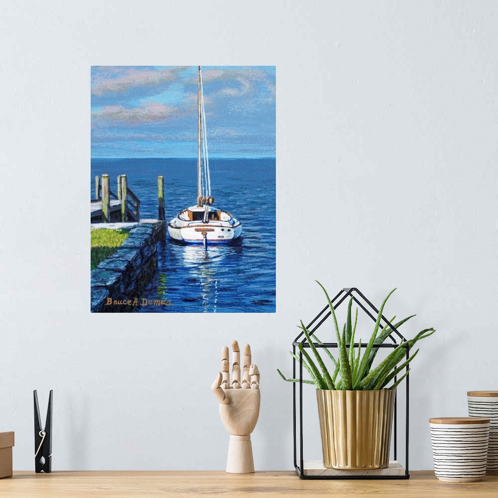 A bohemian room featuring Contemporary artwork of a sailboat at a dock.