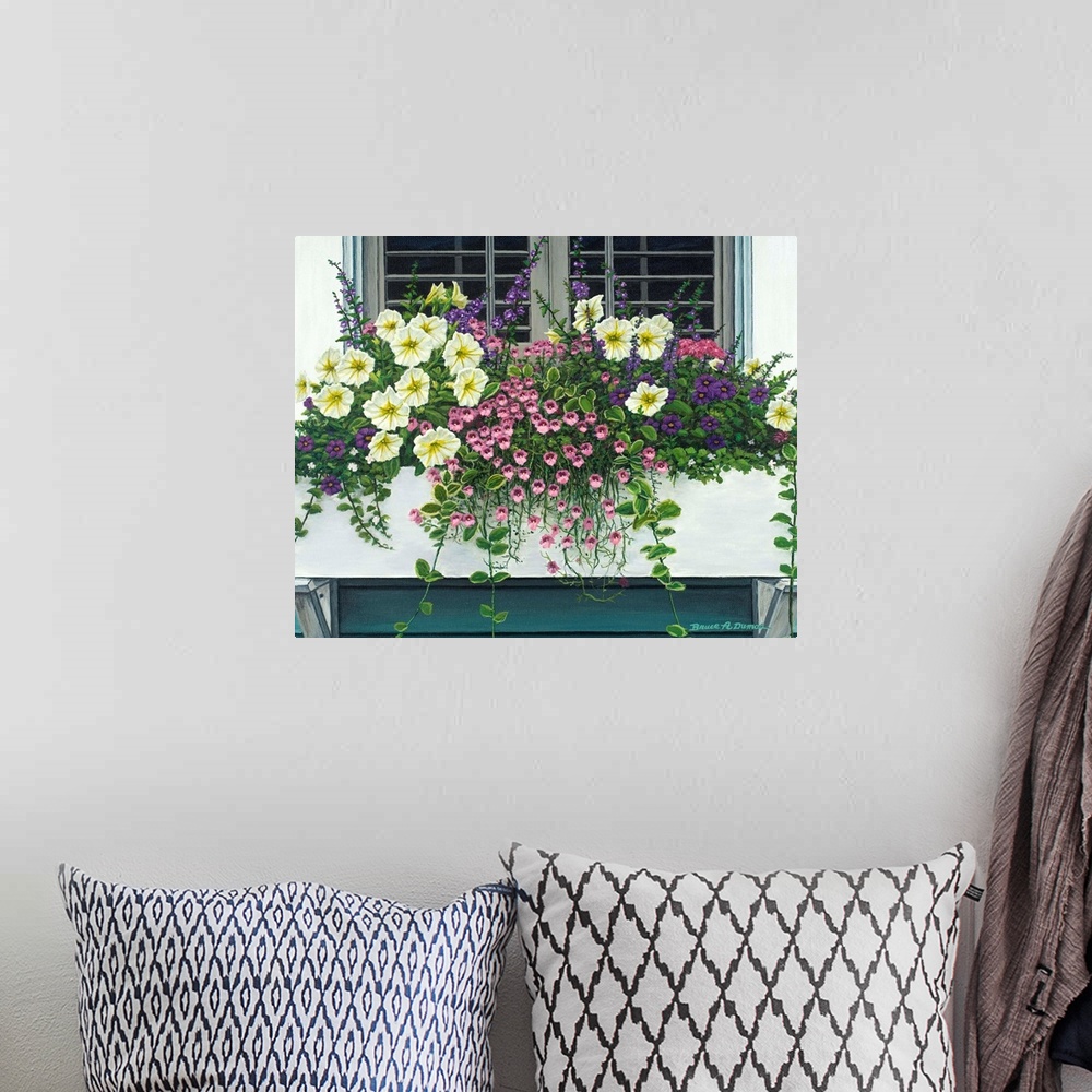 A bohemian room featuring Contemporary painting of a window box full of beautiful flowers.