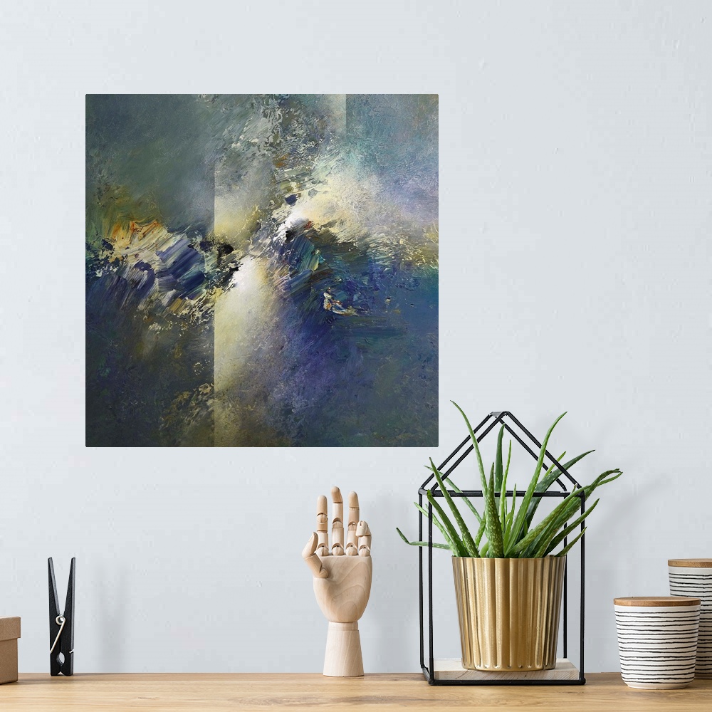 A bohemian room featuring Abstract artwork resembling a nebula in space.