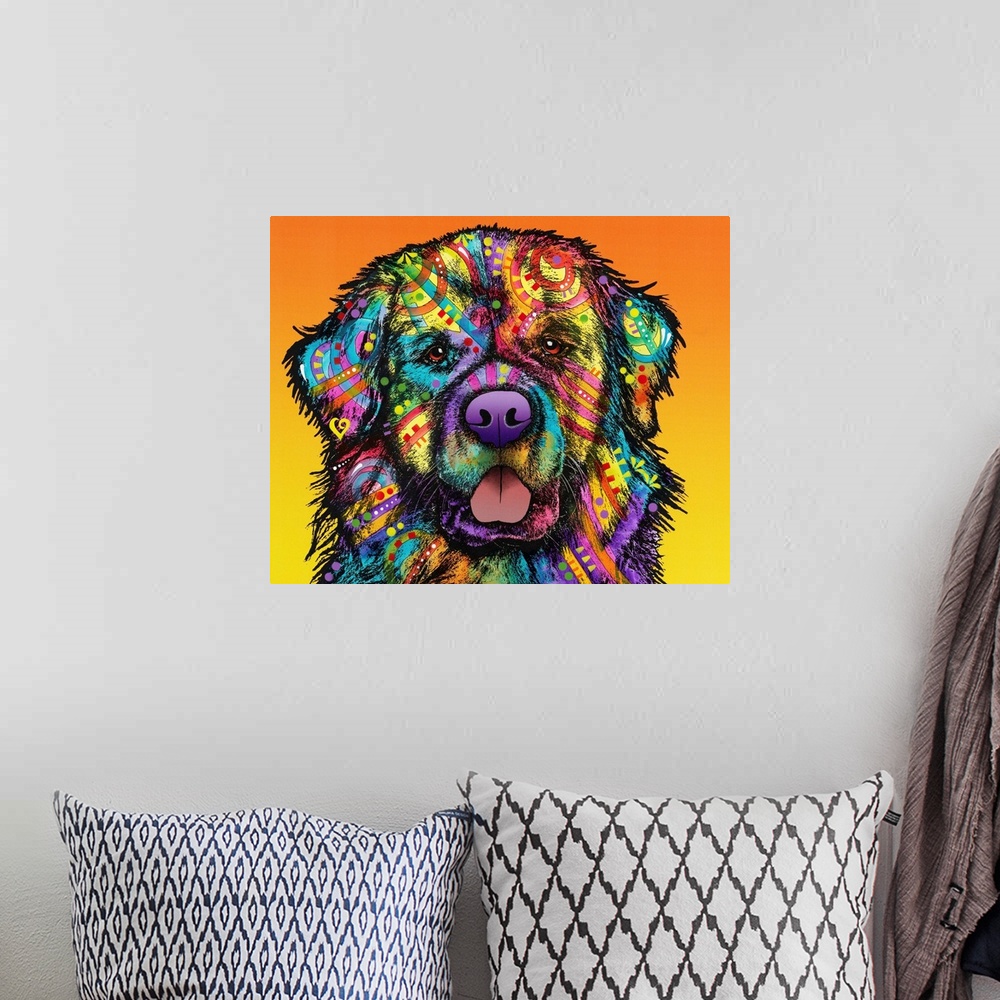 A bohemian room featuring Colorful illustration of a Saint Bernard covered in abstract designs on an orange to yellow gradi...