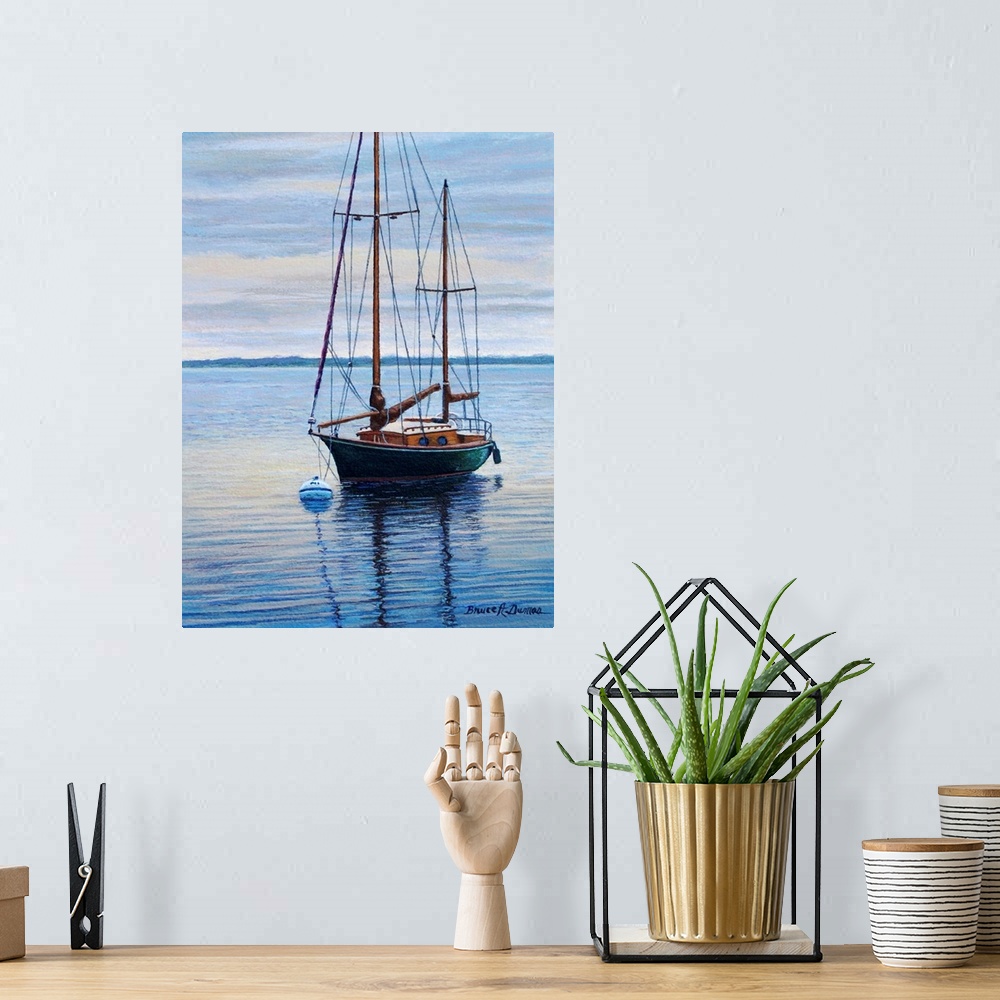 A bohemian room featuring Contemporary artwork of a sailboat.