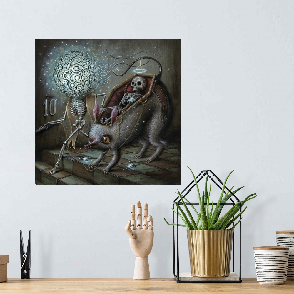 A bohemian room featuring Surrealist painting of a human skeleton riding in the coffin shaped back of a rat being led by an...