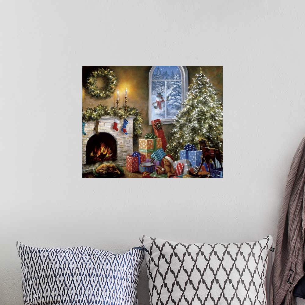 A bohemian room featuring Painting of a living room scene featuring a large Christmas tree next to a fireplace. Product is ...