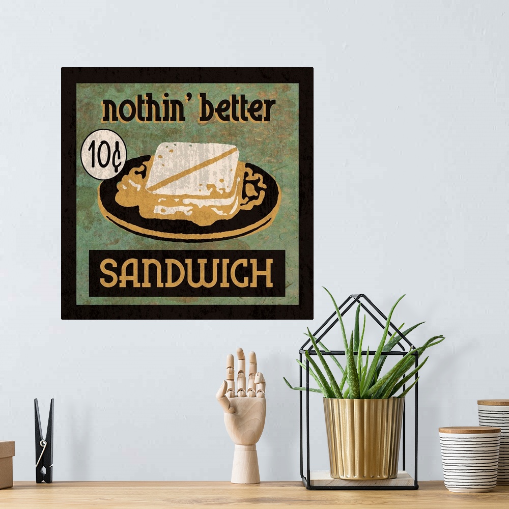 A bohemian room featuring Vintage style sign for a delicious sandwich.