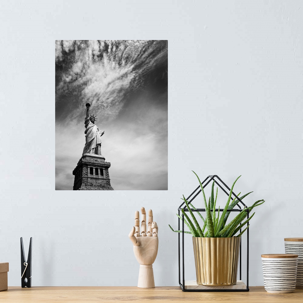 A bohemian room featuring NYC Miss Liberty, black and white photographystatue of liberty