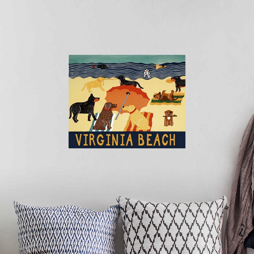 A bohemian room featuring Illustration of multiple breeds of dogs having a beach day with "Virginia Beach" written on the b...