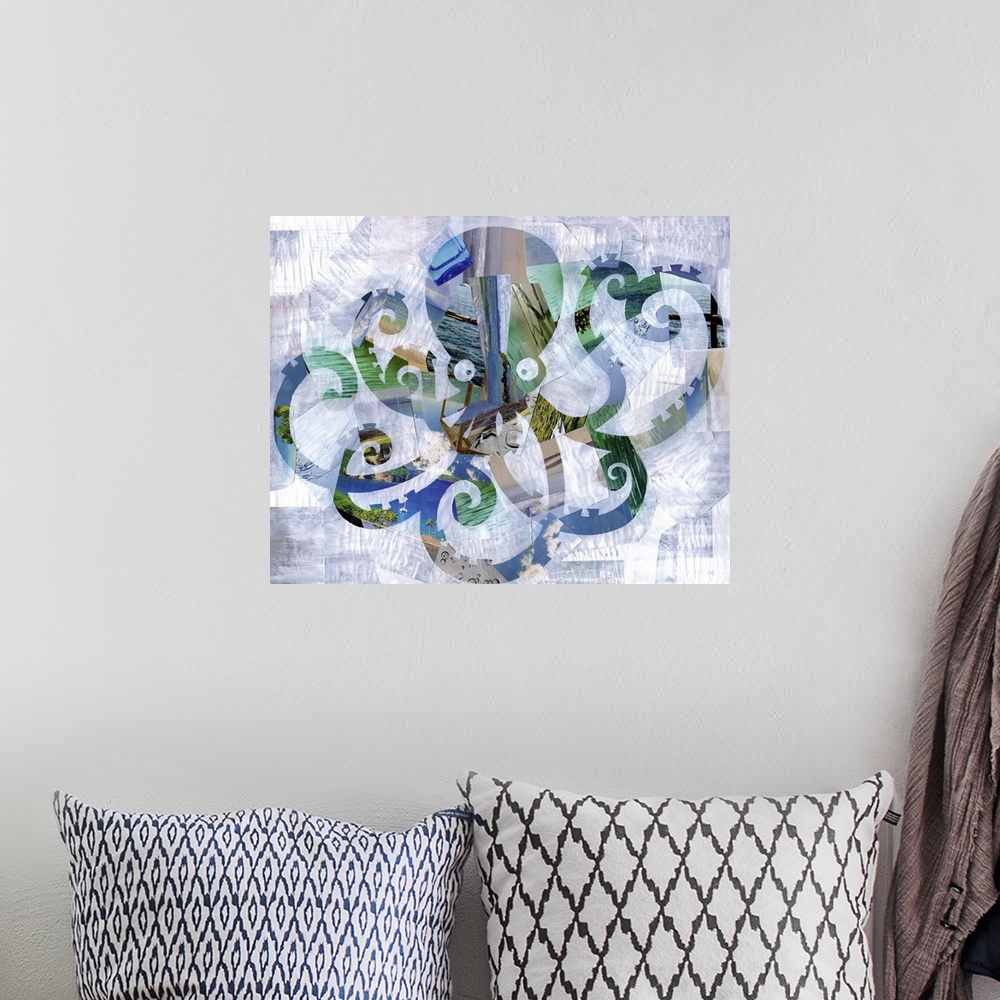 A bohemian room featuring Multimedia collage of magazine clippings and paint of a whimsical octopus.