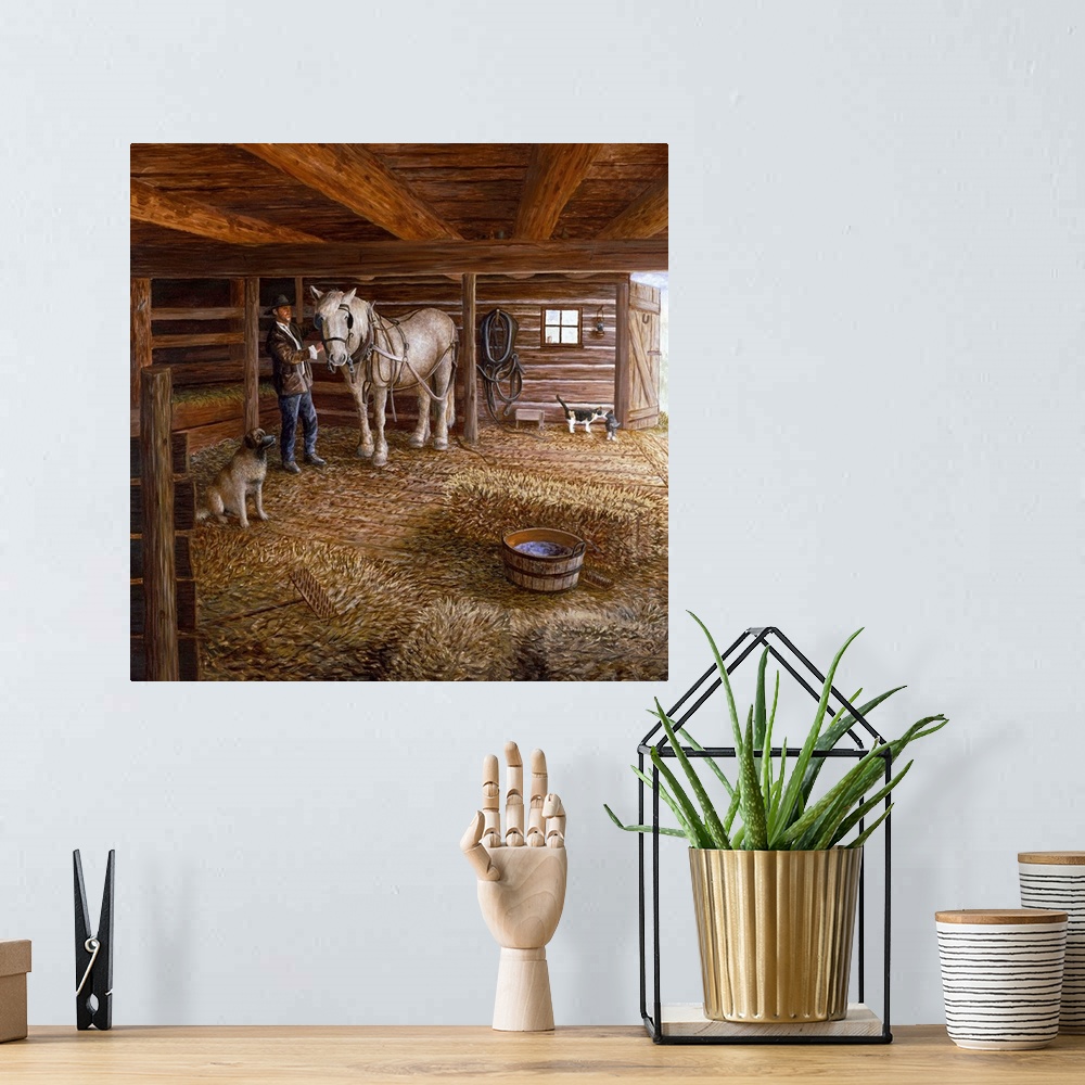 A bohemian room featuring Contemporary artwork of a man with his horse and dog in a barn.