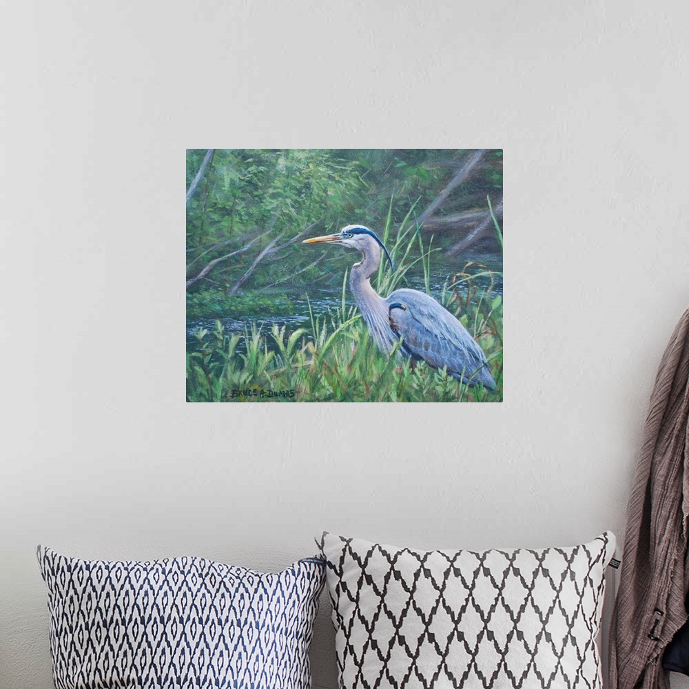 A bohemian room featuring Contemporary artwork of a great blue heron.