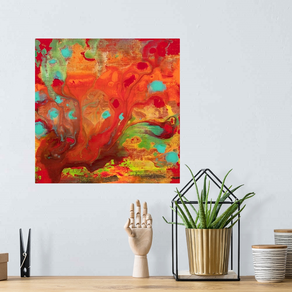 A bohemian room featuring A contemporary abstract painting using using vibrant orange and red tones in a swirling of fury.
