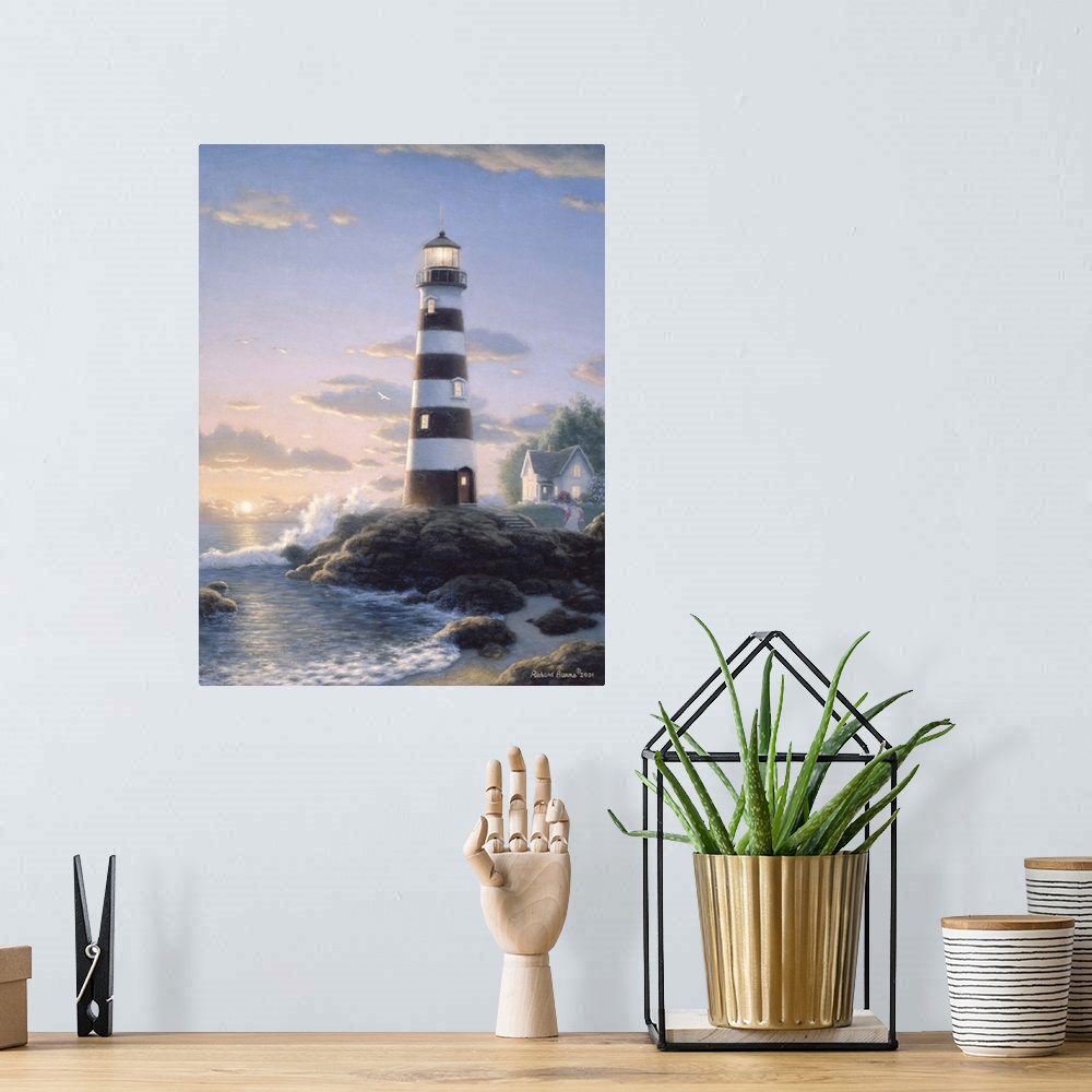 A bohemian room featuring Contemporary painting of a striped lighthouse.
