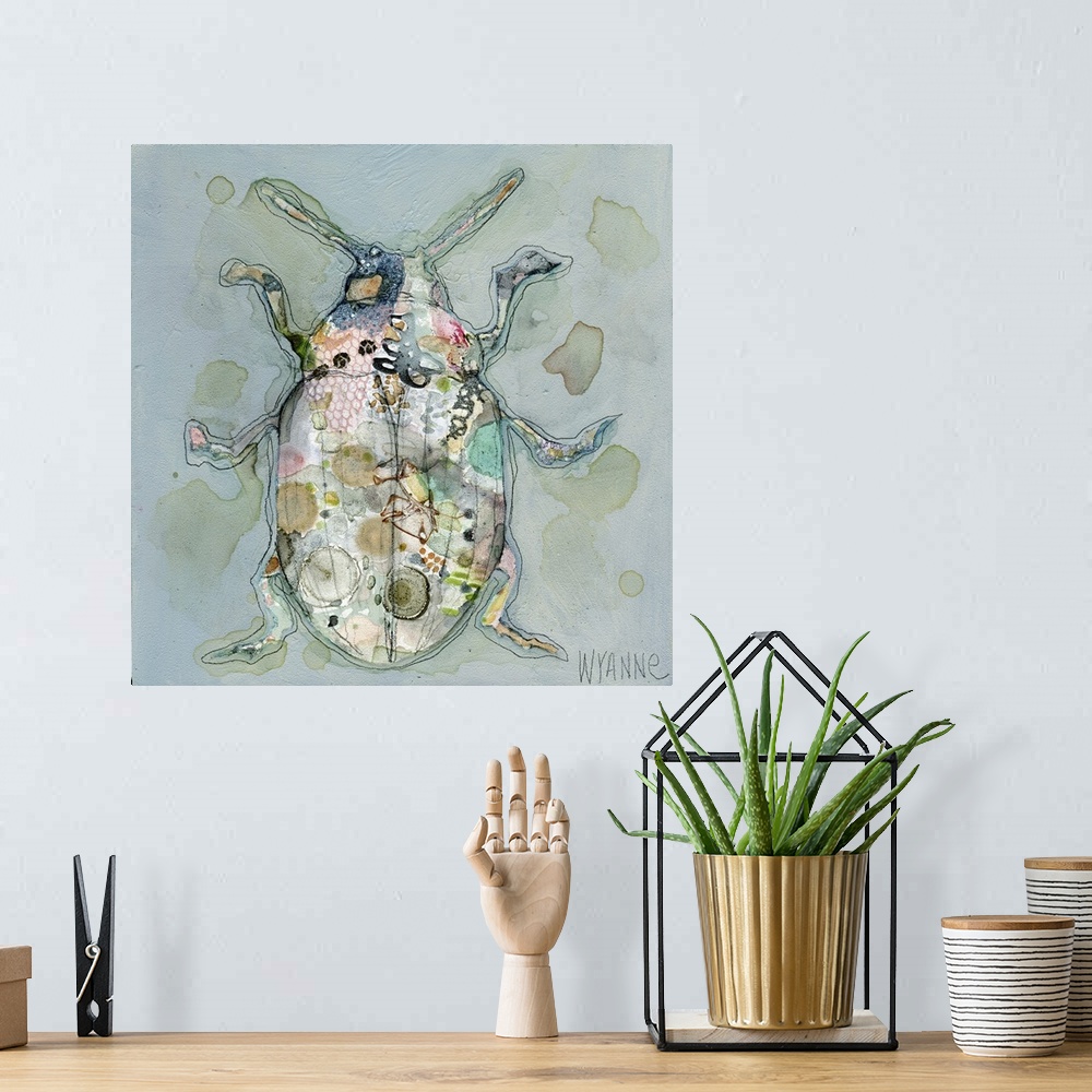 A bohemian room featuring Painting of a beetle with colorful designs on a grey background.