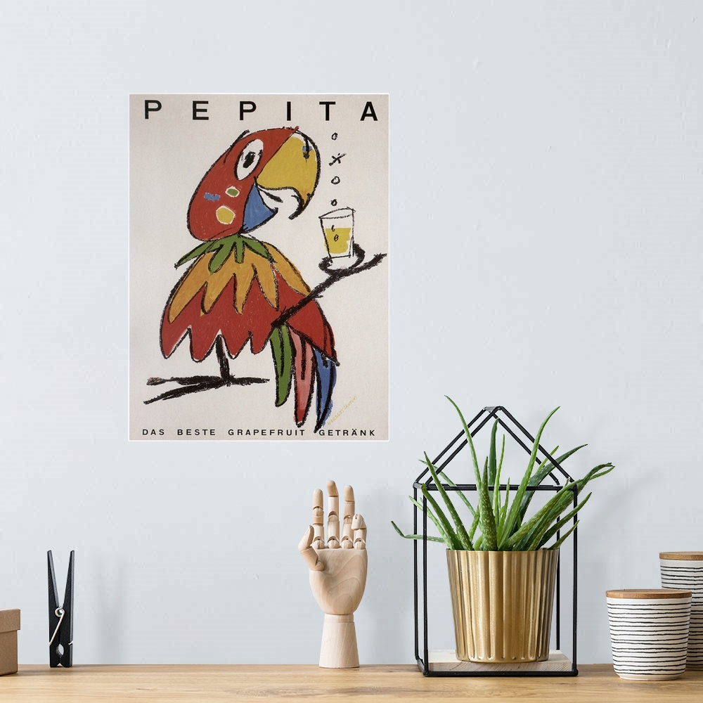A bohemian room featuring Pepita the Parrot - Vintage Liquor Advertisement