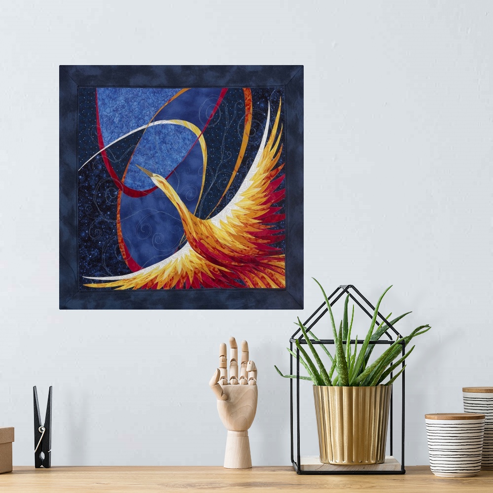 A bohemian room featuring Contemporary colorful fabric art of a phoenix.