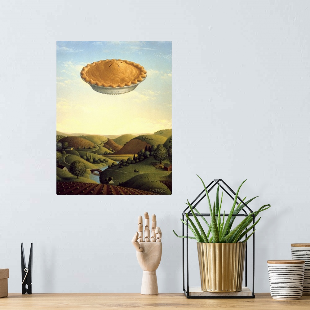 A bohemian room featuring A pie floats high in the sky over a valley.