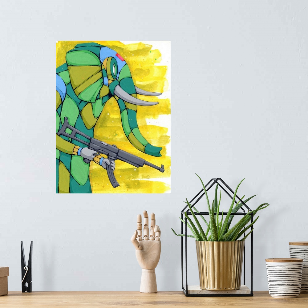A bohemian room featuring Geometric painting of an elephant carrying a gun, using camouflage colors and a bright yellow bac...