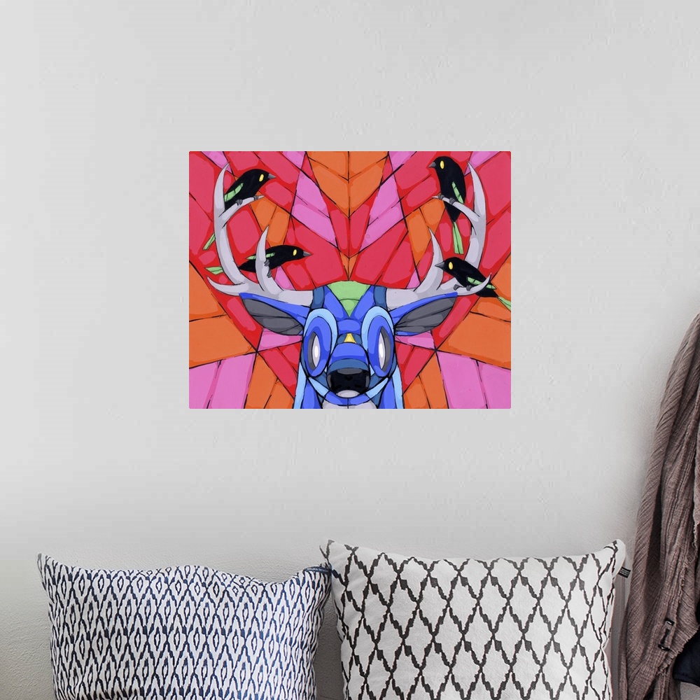 A bohemian room featuring Pop art painting of a deer with four little birds resting on its antlers.
